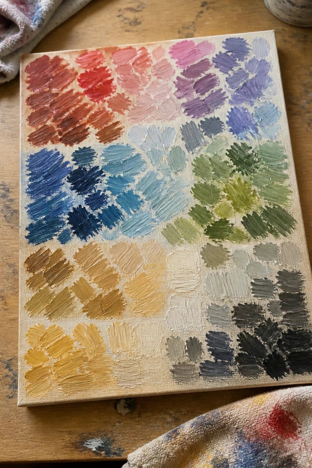 Canvas with rows of colorful paint swatches on wooden table beside cloths
