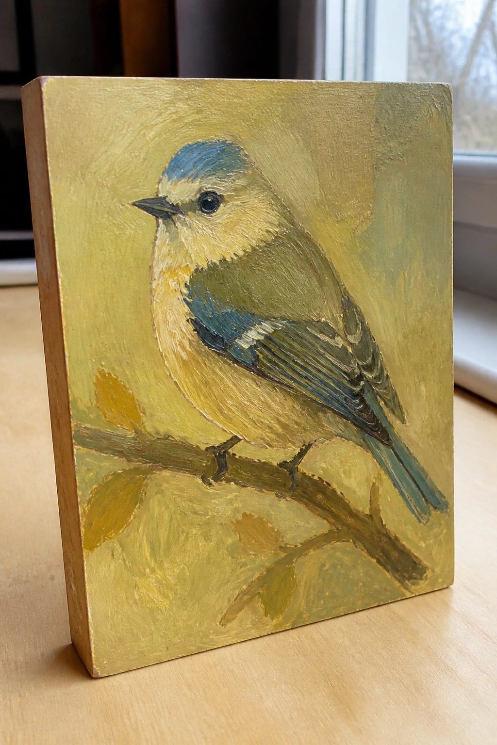 Oil painting of a blue-capped bird with yellow breast perched on a branch.