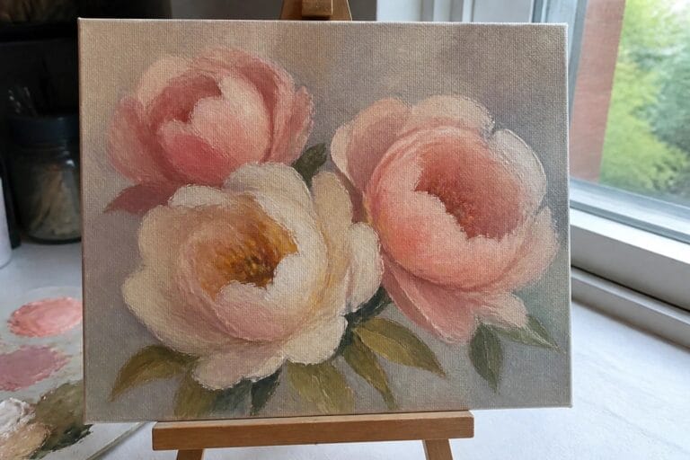 23 Brilliant Oil Painting Techniques For Better Beginner Brush Control A small square oil painting of three soft pink and white flowers with green leaves on a gray background, set on a wooden easel.