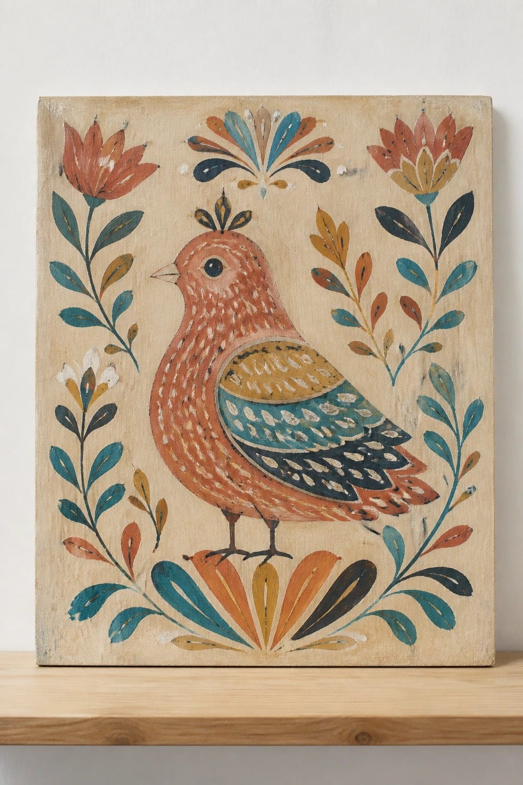Folk art painting of orange bird with teal wings amid colorful floral patterns on wood.