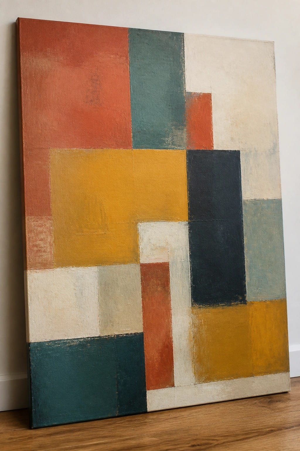 Abstract geometric painting with colorful blocks in red, teal, yellow, white and black.
