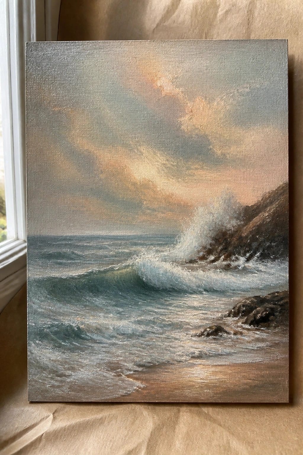 Oil painting of waves crashing on rocks with sandy beach under dramatic sky