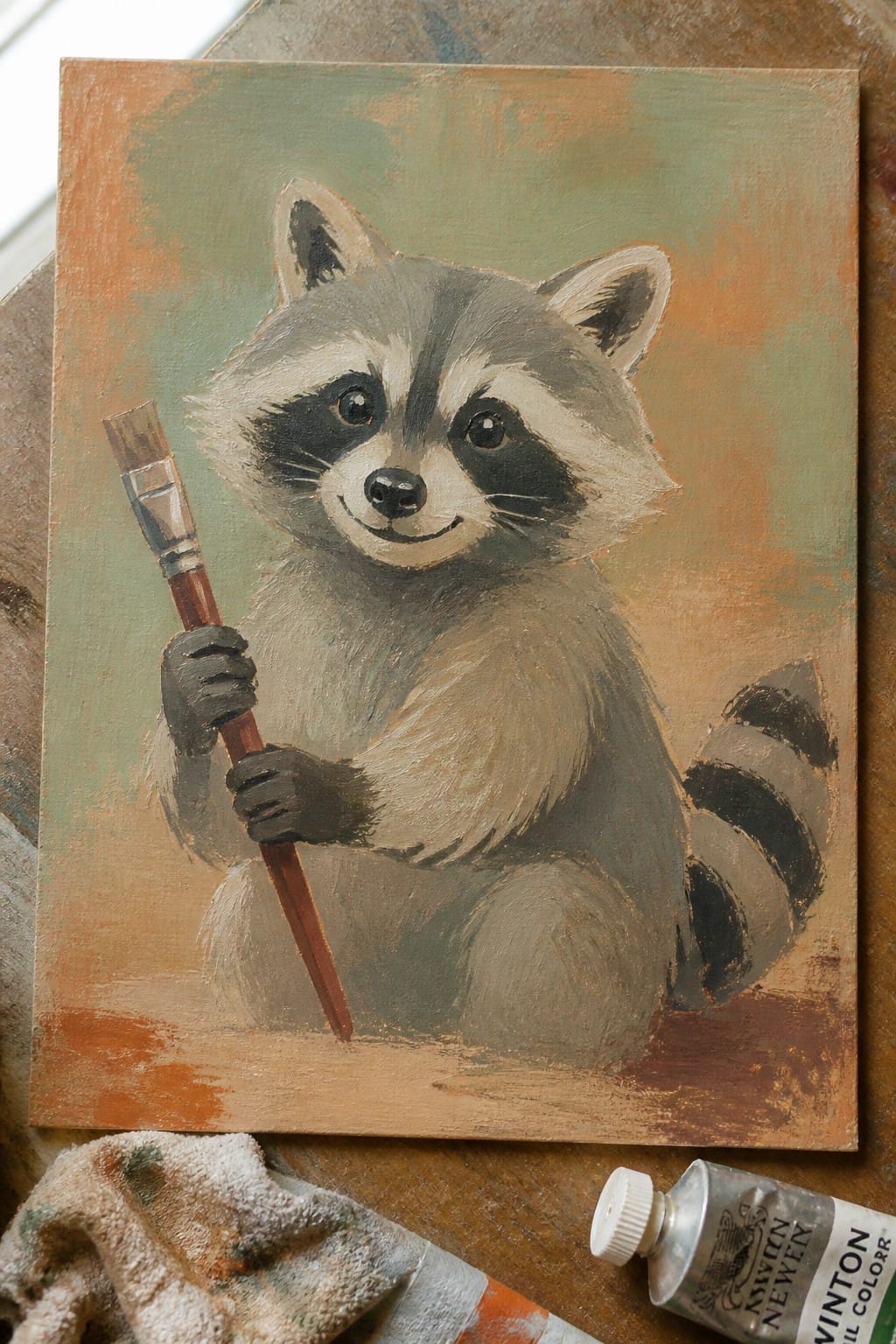 Painting of smiling raccoon holding paintbrush beside oil color tube on wood