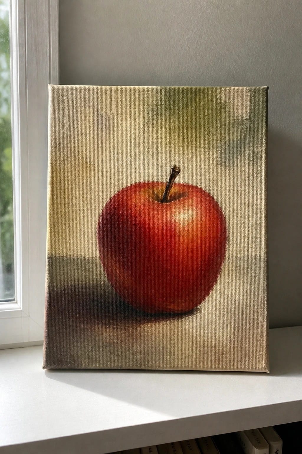 Realistic painting of glossy red apple on textured canvas by window
