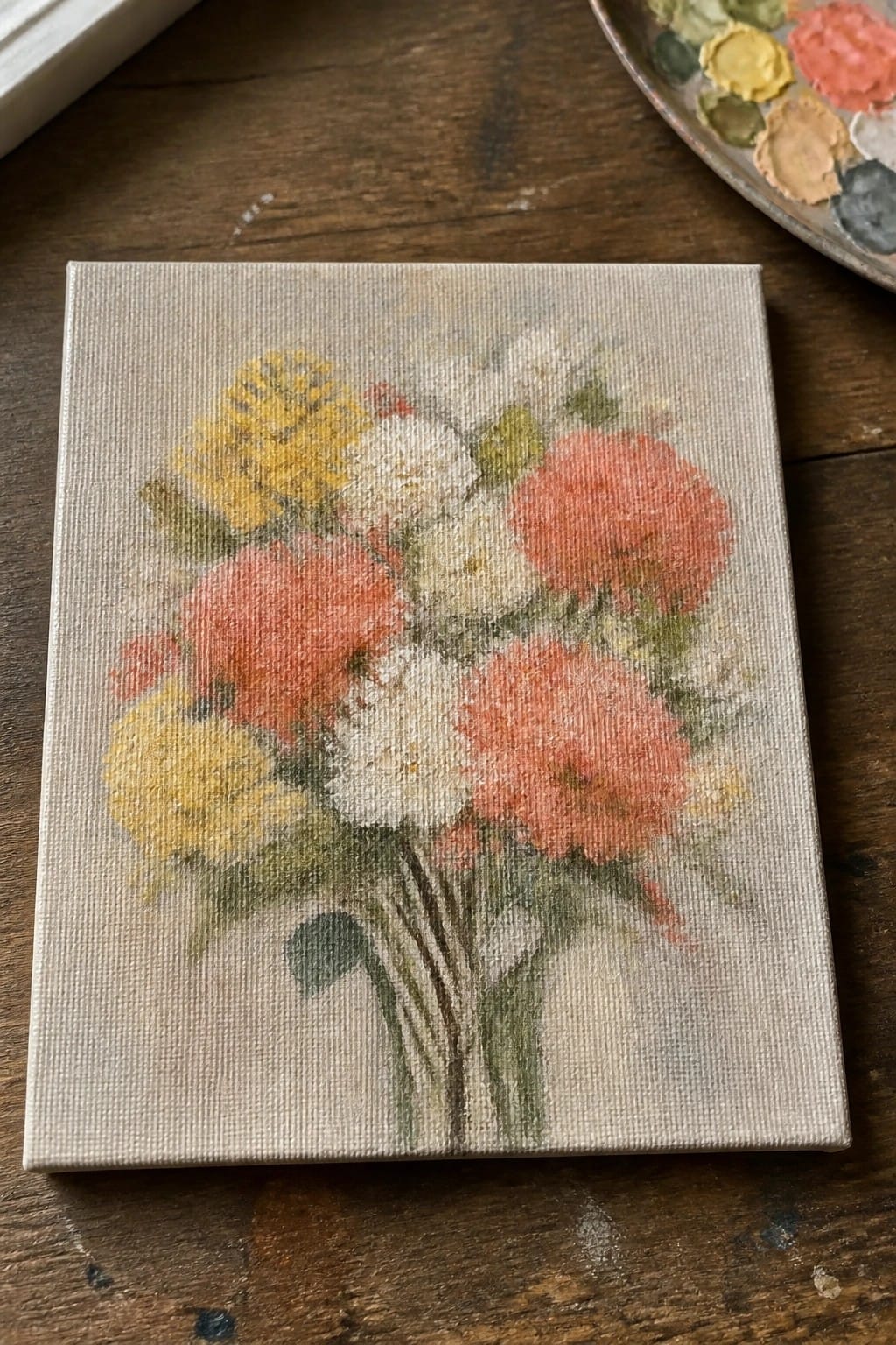 Small canvas with bouquet of coral, white, and yellow flowers on wooden table