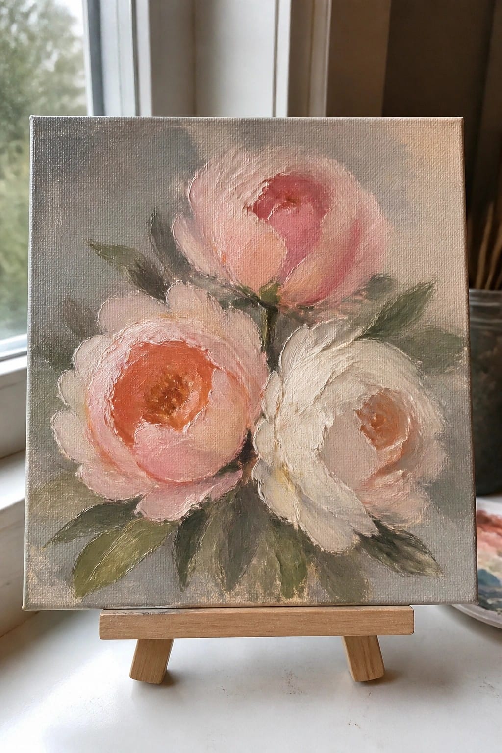 A small square oil painting of three soft pink and white flowers with green leaves on a gray background, set on a wooden easel.