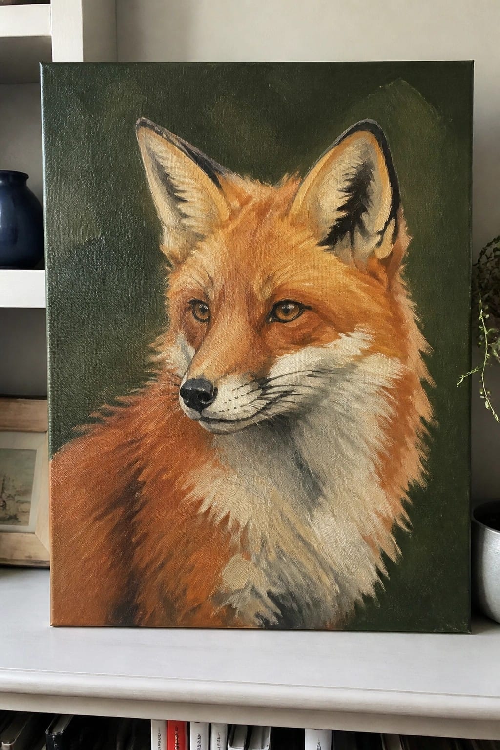 Realistic painting of a red fox with white chest on dark green background