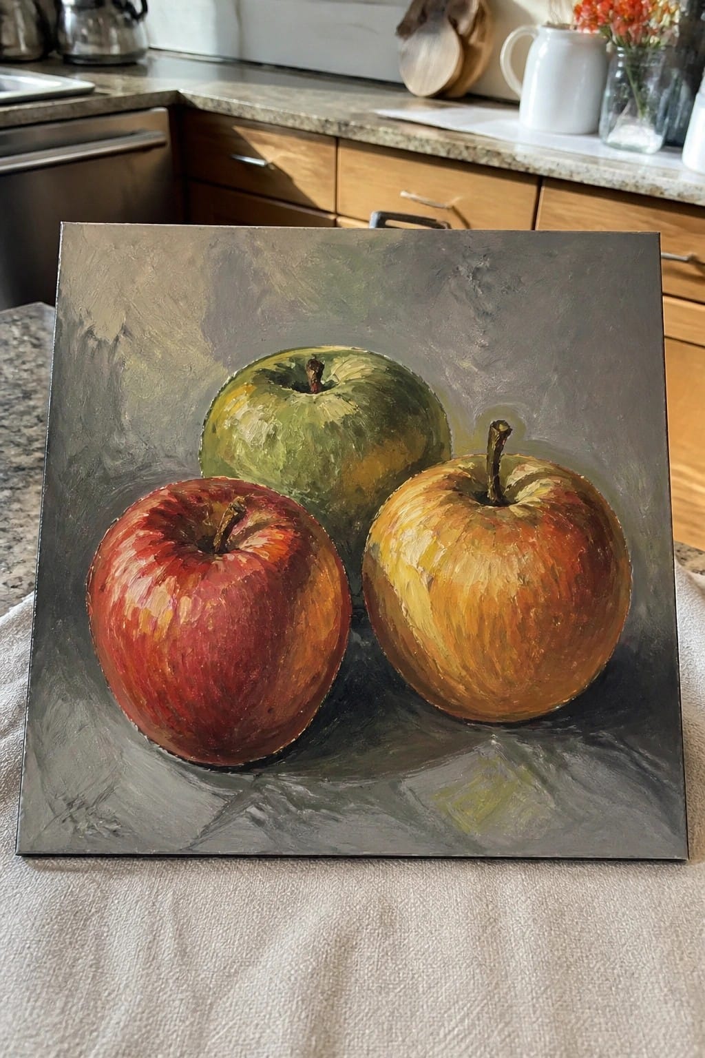 Still-life painting of three red, green, and yellow apples on gray background