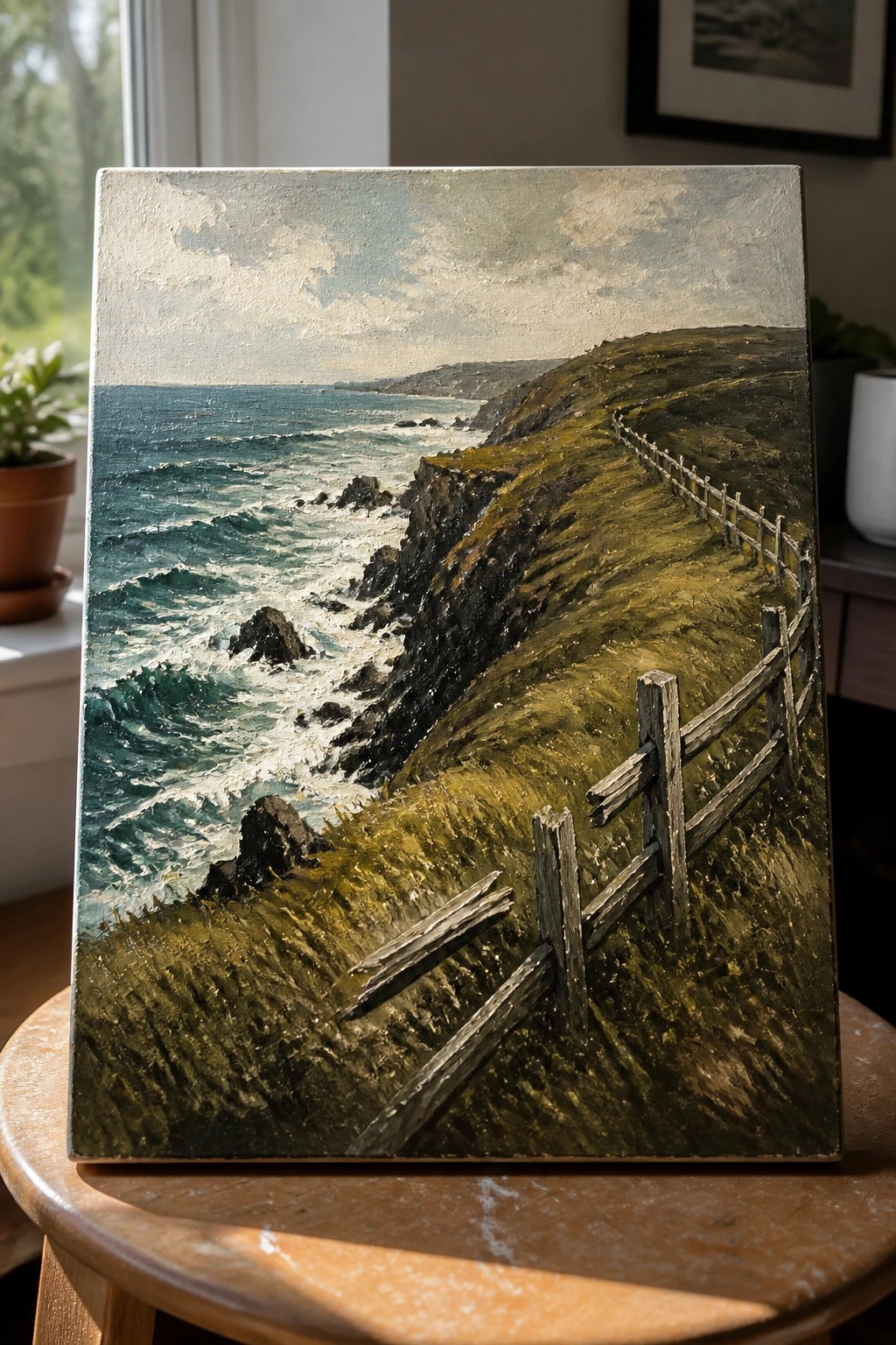 Oil painting of ocean waves on rocky cliffs with wooden fence along grassy coastal path on table
