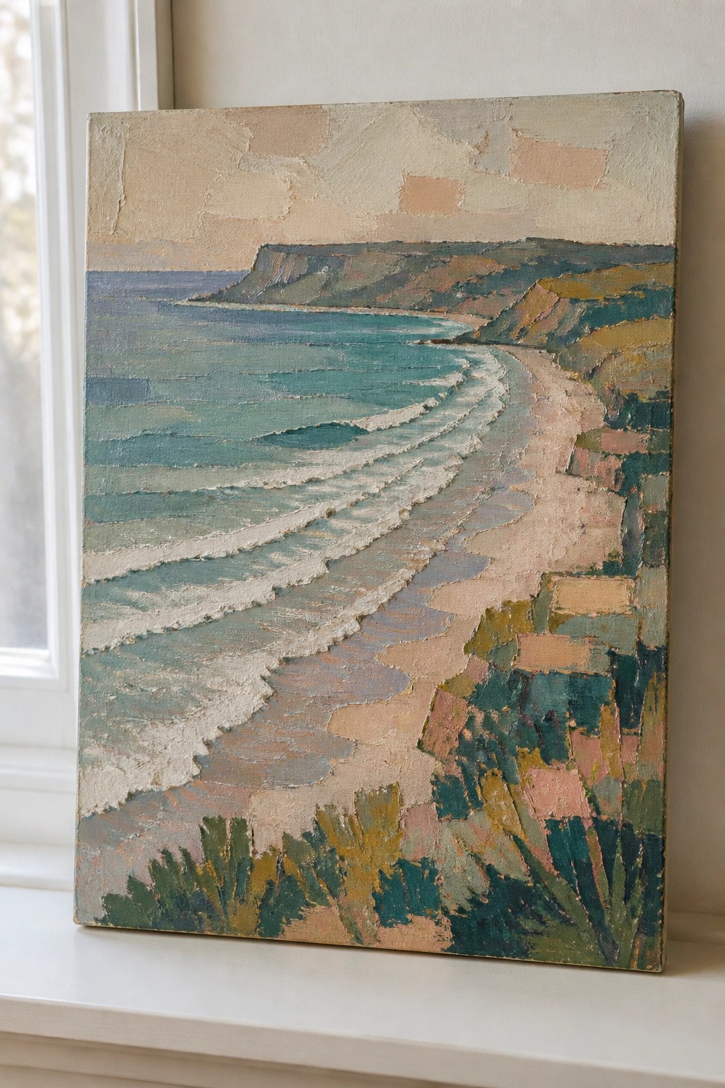 Textured painting of turquoise waves curving onto a sandy beach with distant cliffs