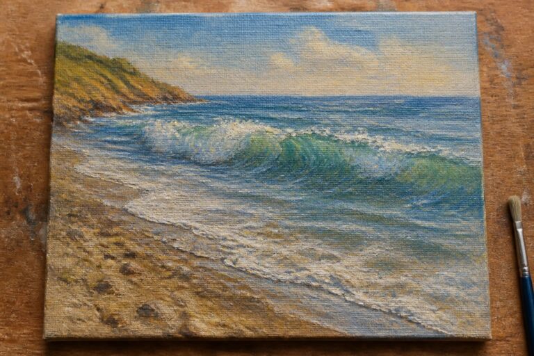 23 Brilliant Seascape Oil Painting Ideas Built Around Waves, Cliffs, and Open Water Realistic seascape painting of waves on sandy beach with cliffs and nearby paintbrush.