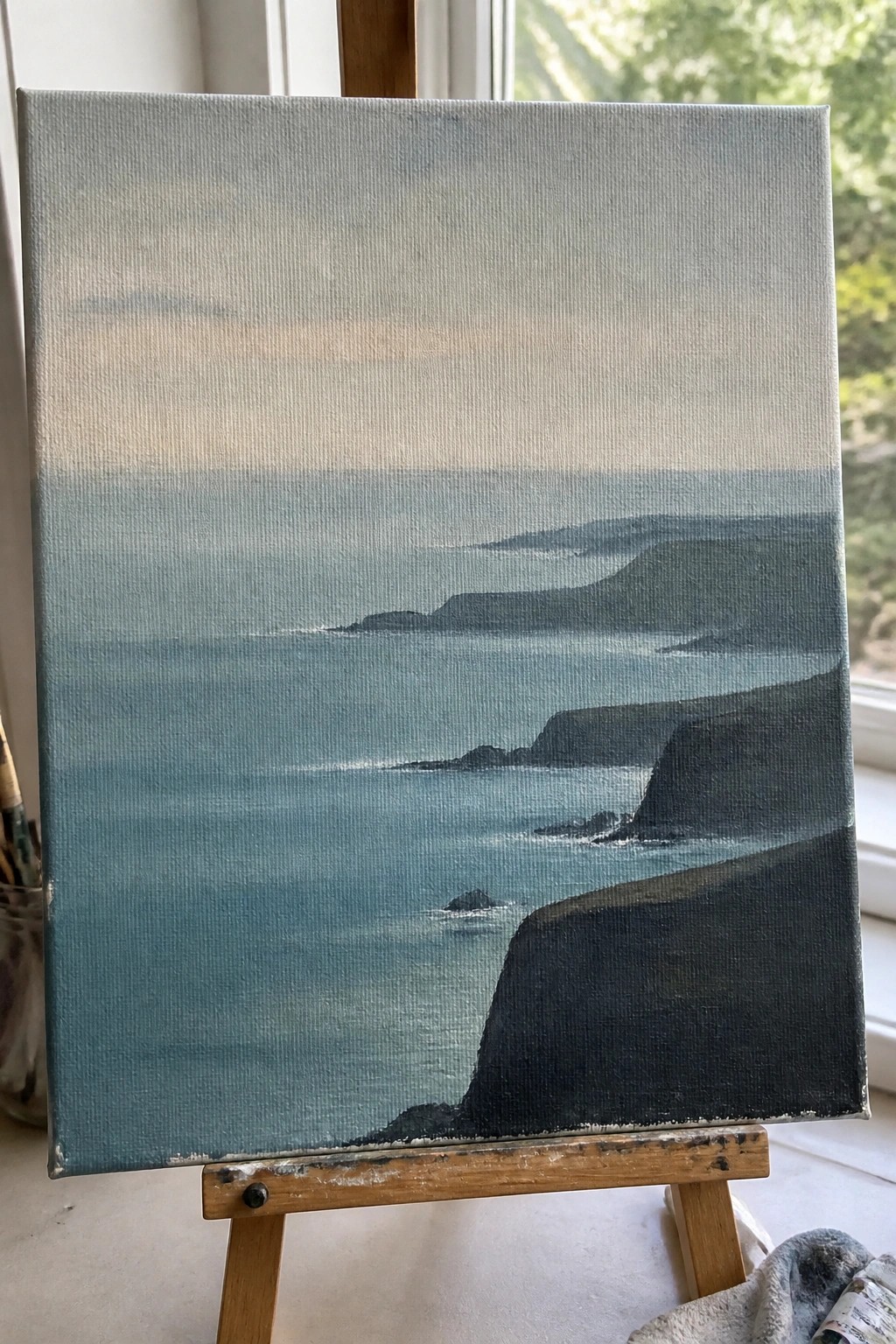 Canvas on easel showing misty ocean with silhouetted coastal cliffs in blues