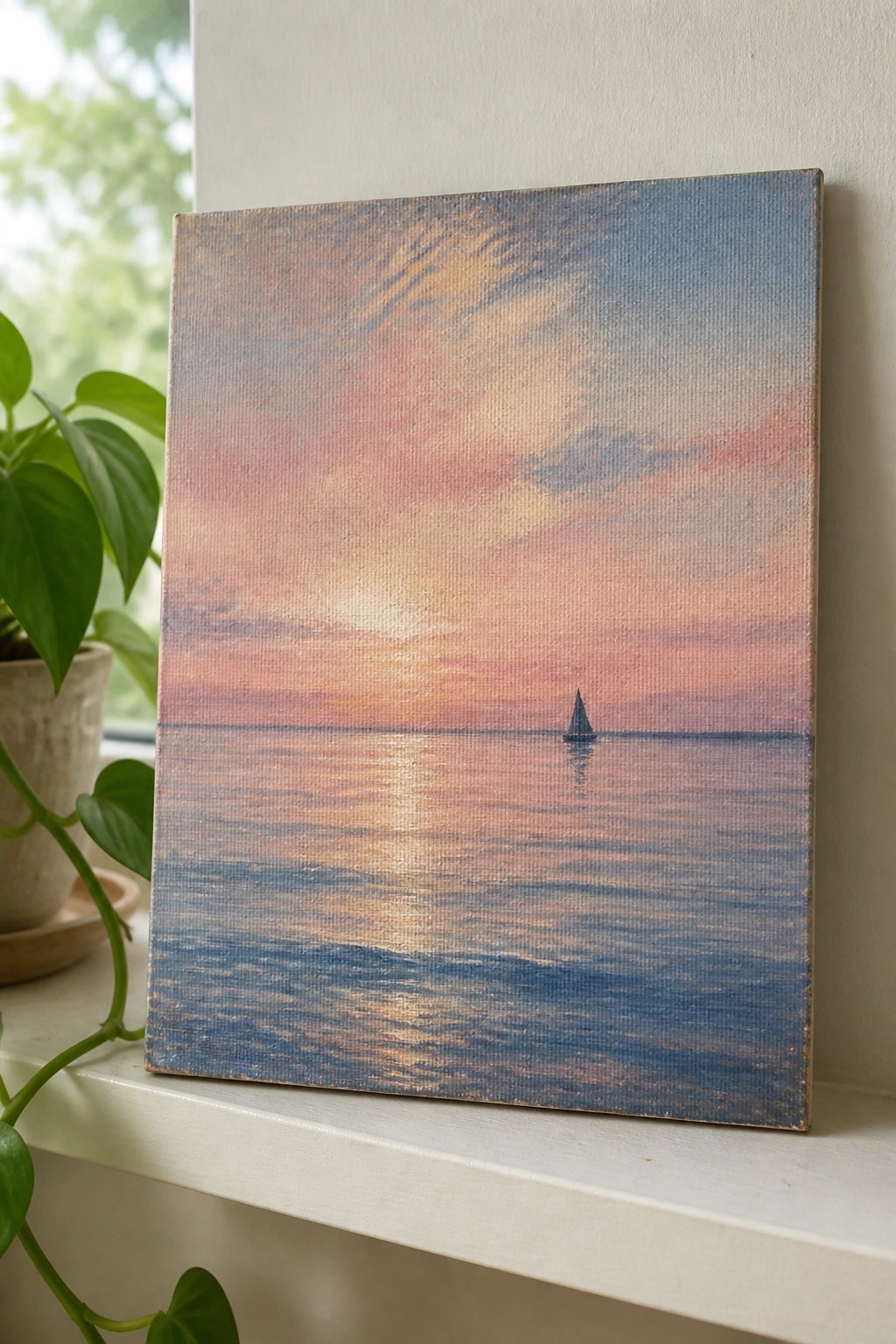 Canvas painting of sailboat on ocean at pink-orange sunset beside potted plant.