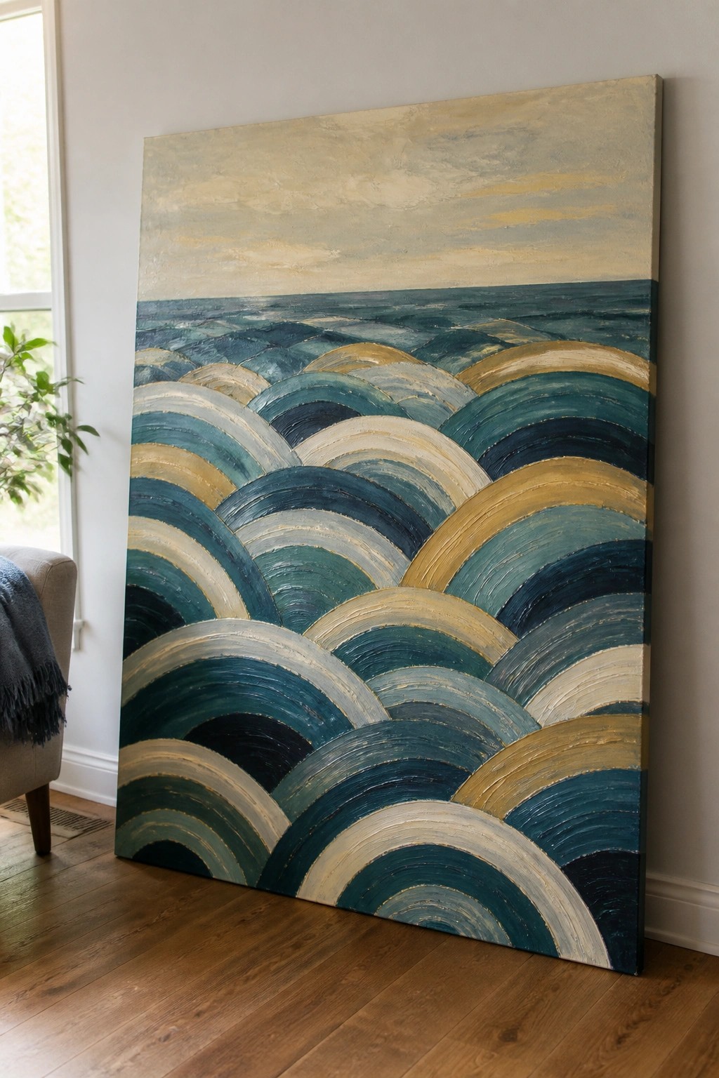 Large abstract painting of layered blue and gold ocean waves leaning against wall