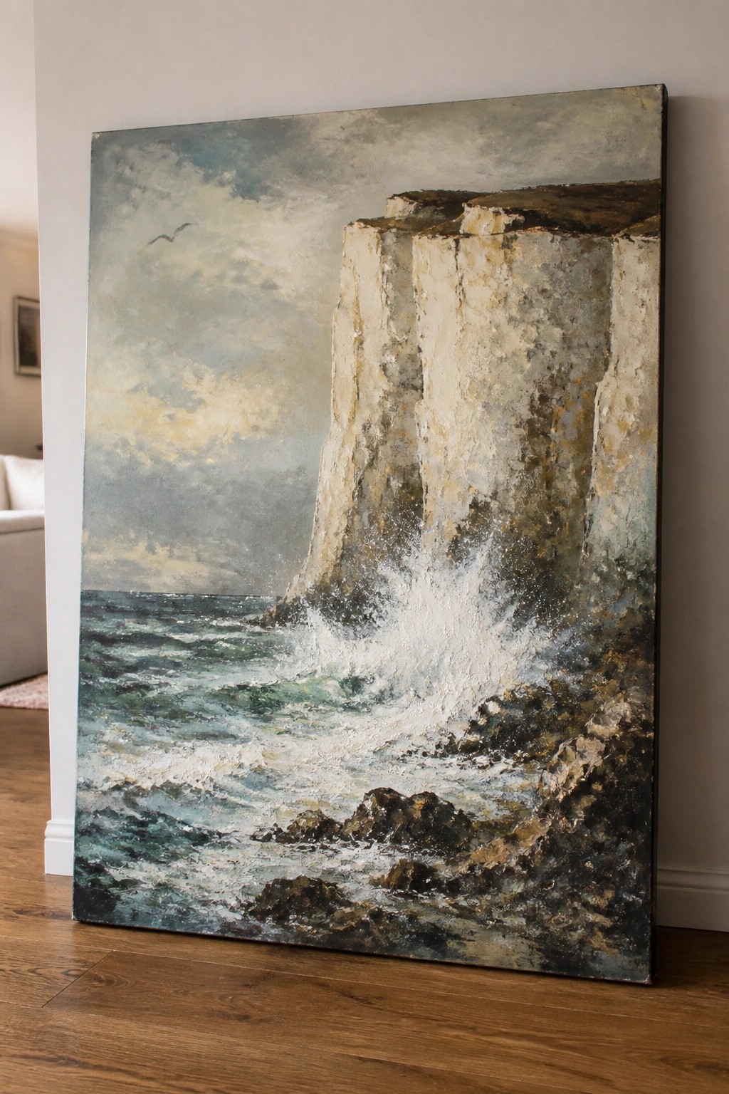 Textured oil painting of waves crashing against tall white cliffs under cloudy sky