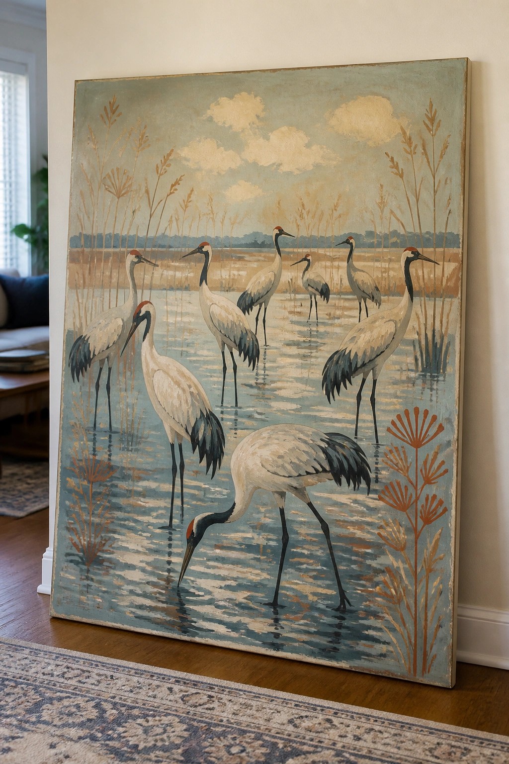 Large painting of red-crowned cranes wading in a misty marsh with reeds