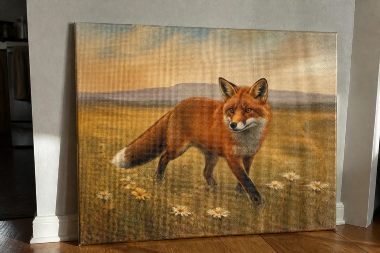 Red fox strides through daisy-filled meadow with mountains under golden sunset sky.