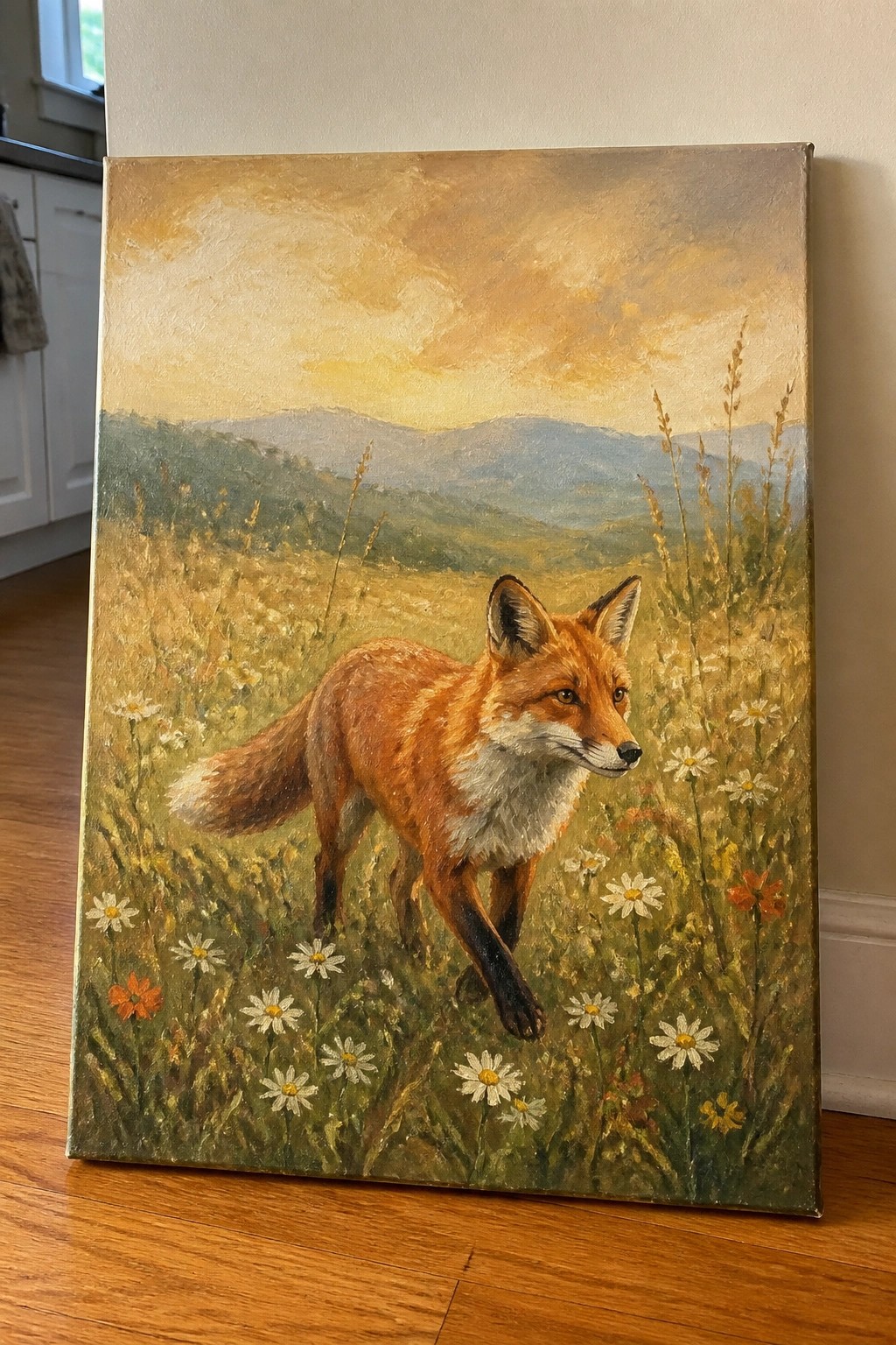 Red fox strides through daisy-filled meadow with mountains under golden sunset sky.