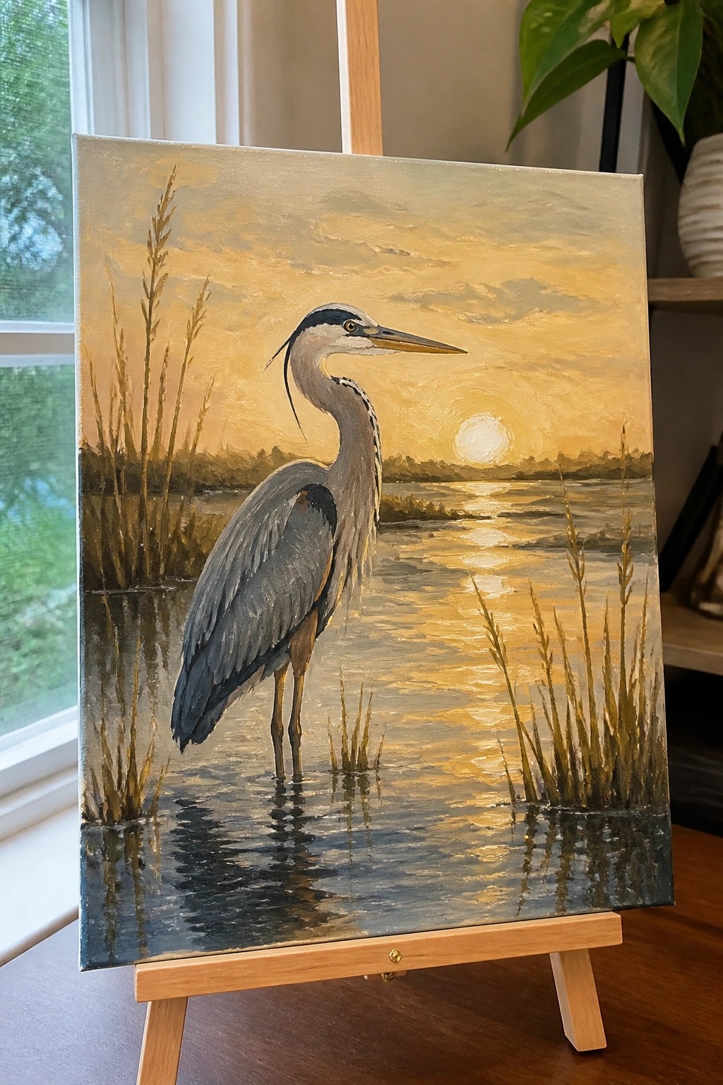 Oil painting of heron wading in golden sunset waters with reeds on easel