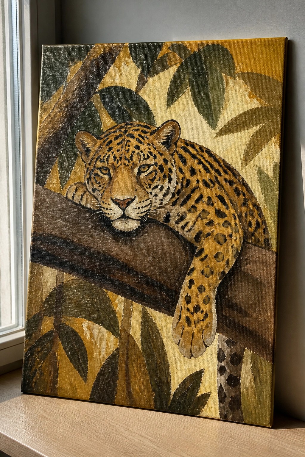 Painting of a jaguar resting on a branch amid yellow and green leaves