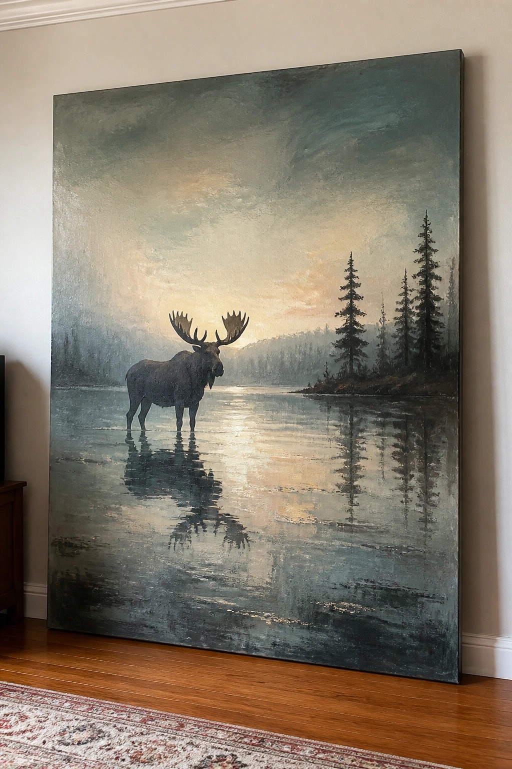 Large painting of antlered moose in misty reflective lake with pine trees at dawn.