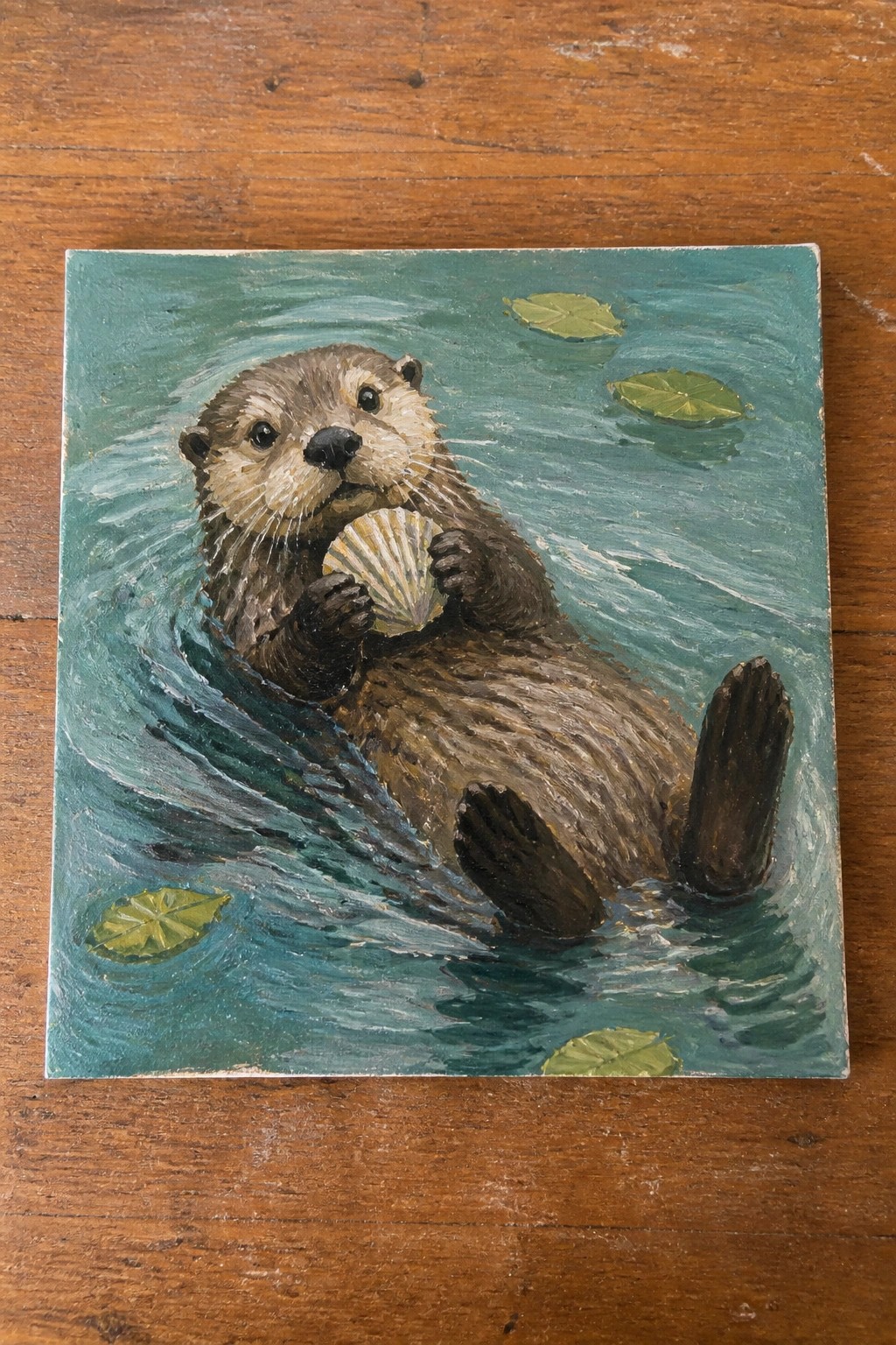 An oil painting of an otter holding a seashell while floating on its back in teal water with green lily pads.
