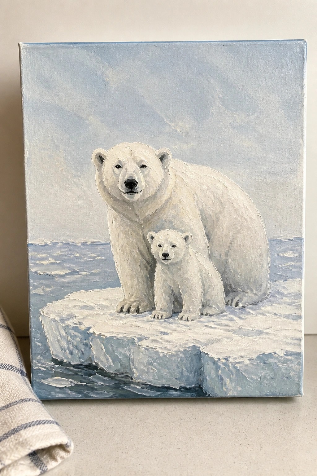 Realistic painting of polar bear and cub on ice floe in calm blue ocean.