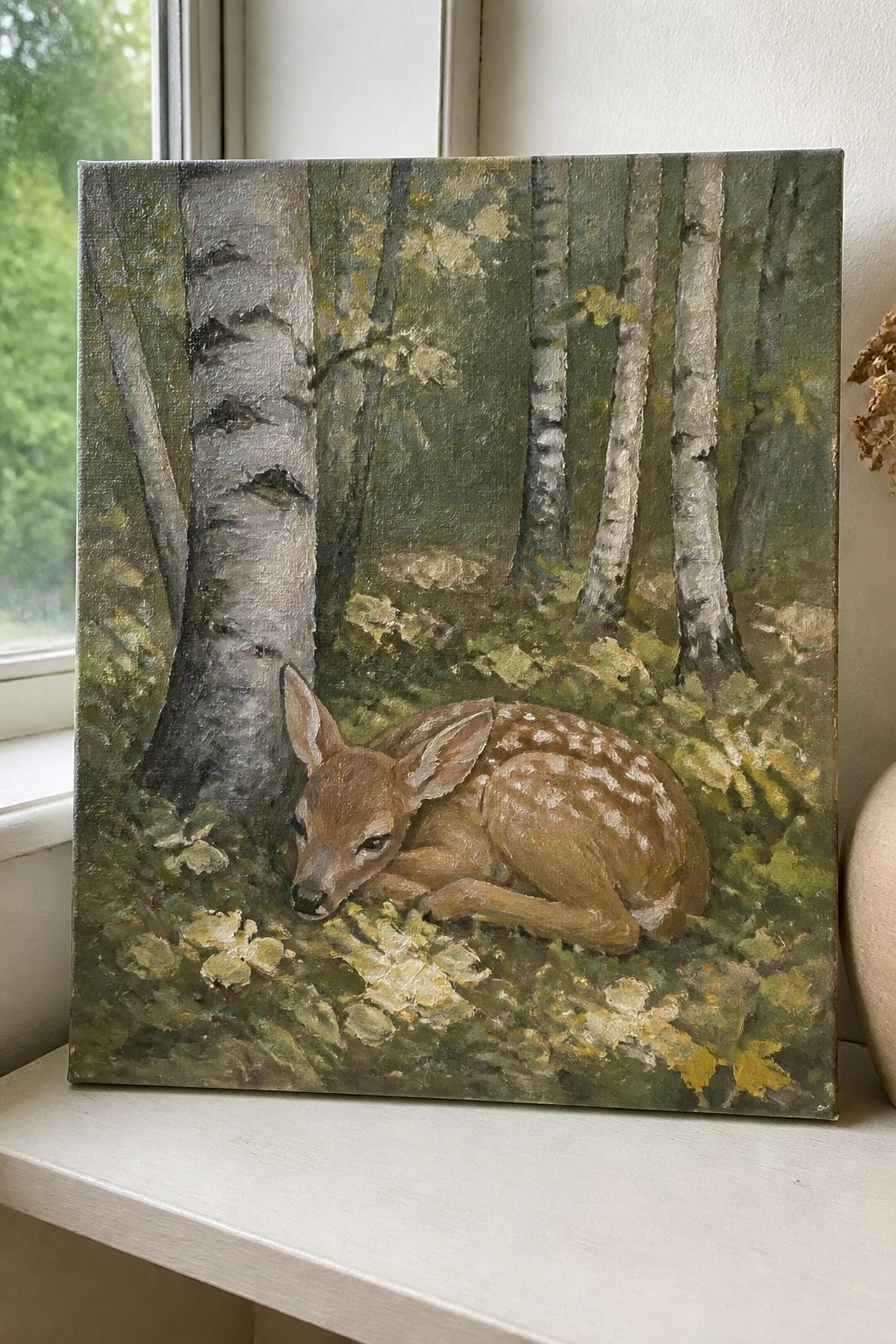 Oil painting of a spotted fawn resting on the forest floor beside a birch tree.