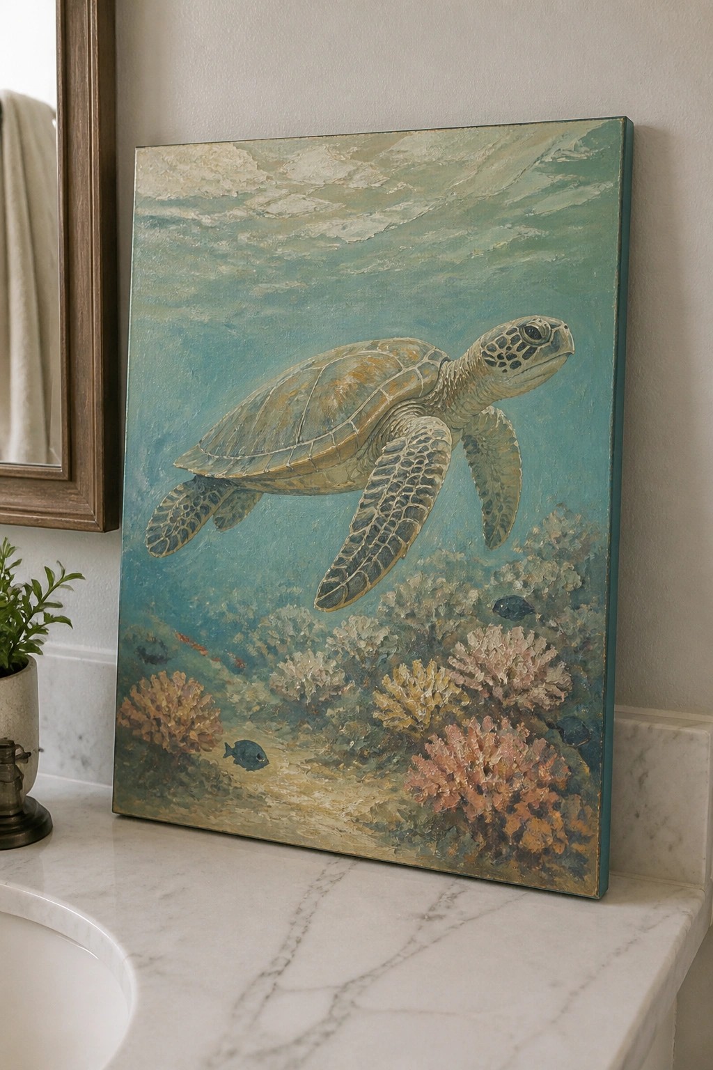 An oil painting of a sea turtle swimming above coral reefs in blue-green water, propped on a marble bathroom counter.