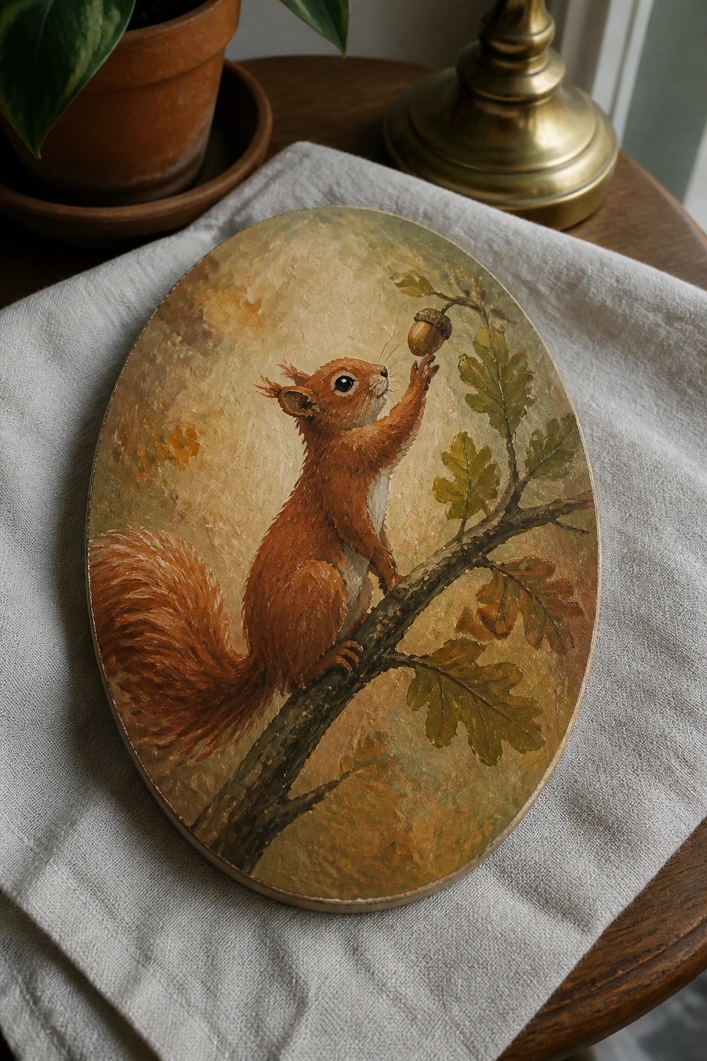 An oval oil painting of a red squirrel on a tree branch reaching for an acorn, placed on a cloth-covered wooden table with a potted plant and brass object nearby.