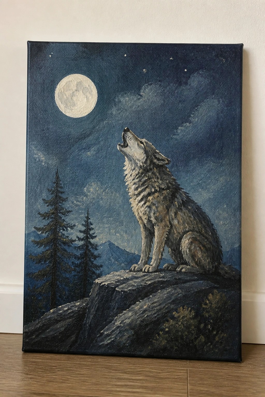 Wolf howling at full moon from rocky outcrop under starry night sky with pine trees