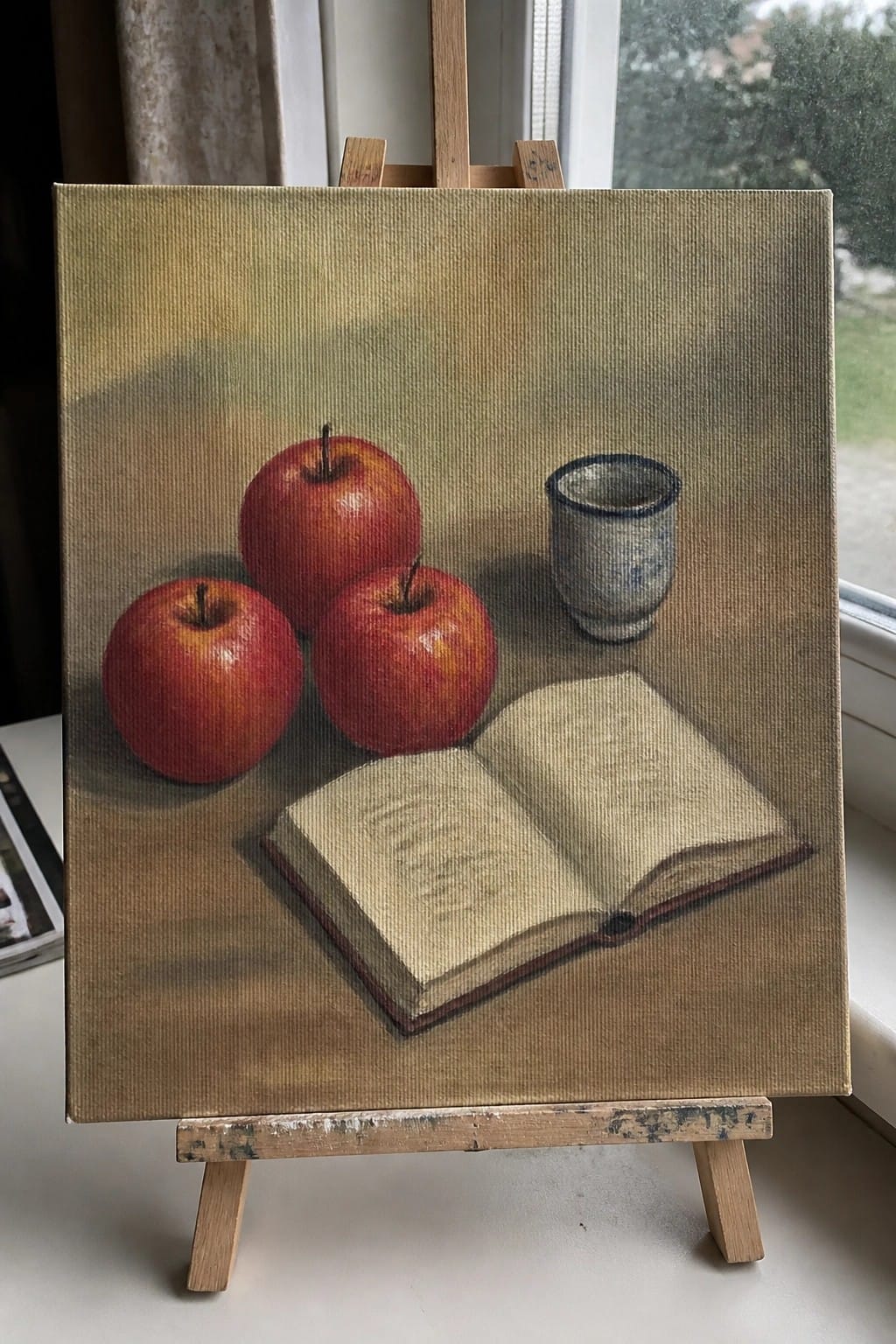 Still life painting on easel with three red apples, open book, and cup