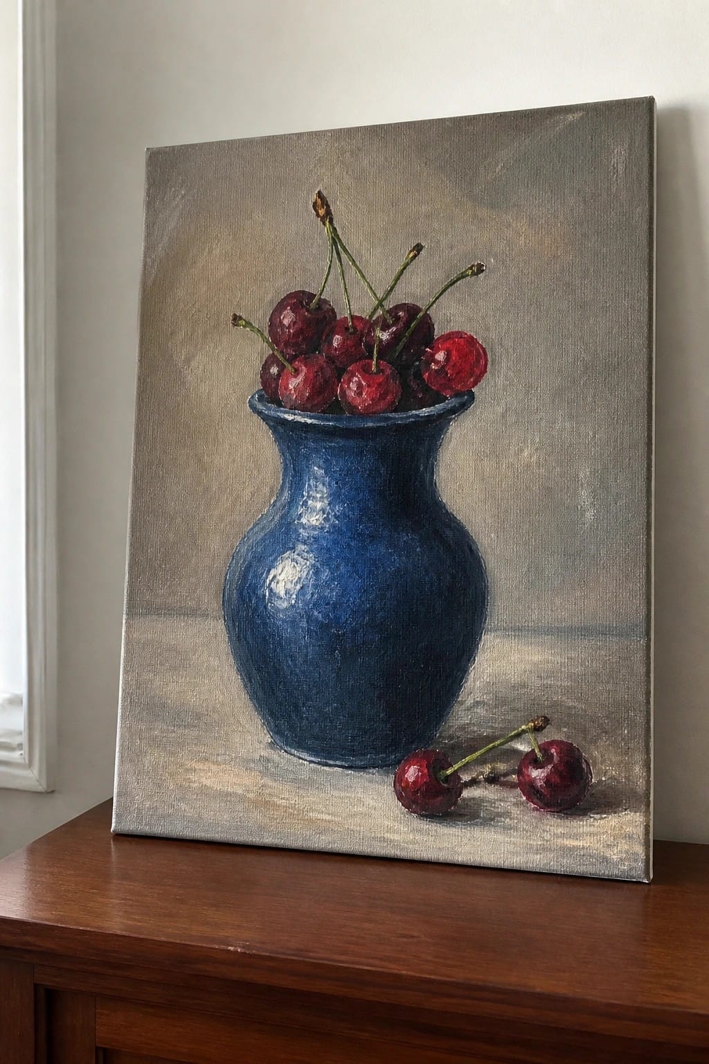 Still life painting of red cherries in a blue vase, two fallen beside it.