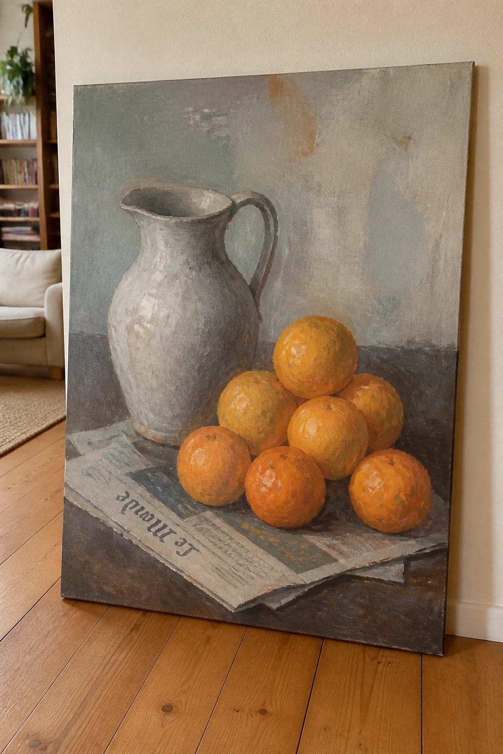 Still life painting of gray pitcher and oranges piled on Le Monde newspaper in room