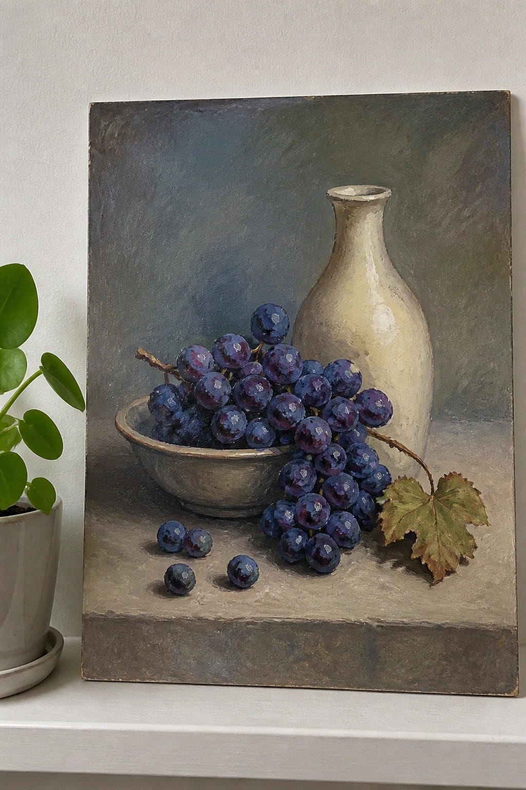Still life painting of purple grapes in bowl beside white vase with scattered fruit