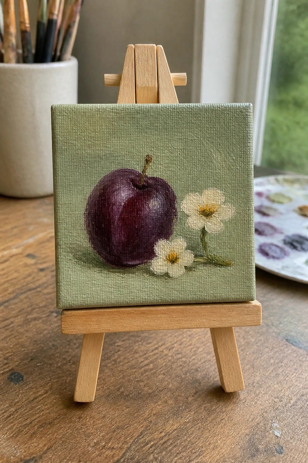 Miniature wooden easel displays small green canvas with purple apple and two white flowers.