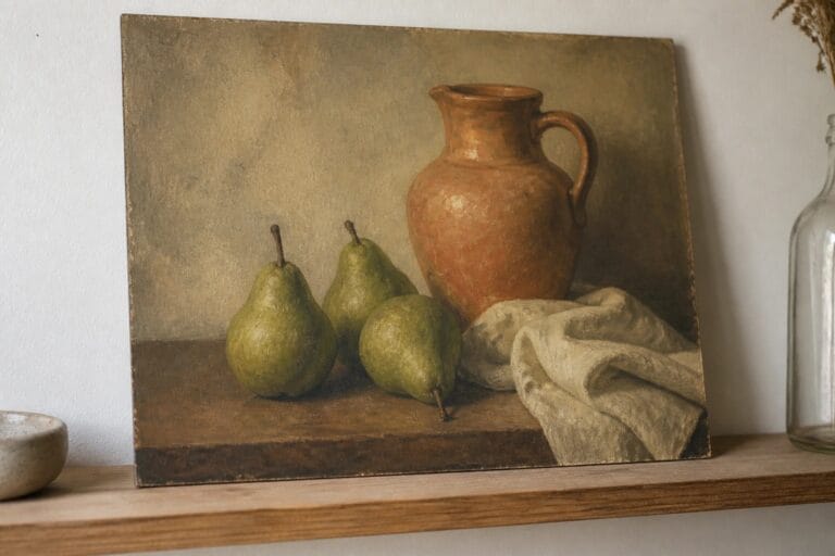 Three green pears beside brown ceramic jug and white cloth on wood