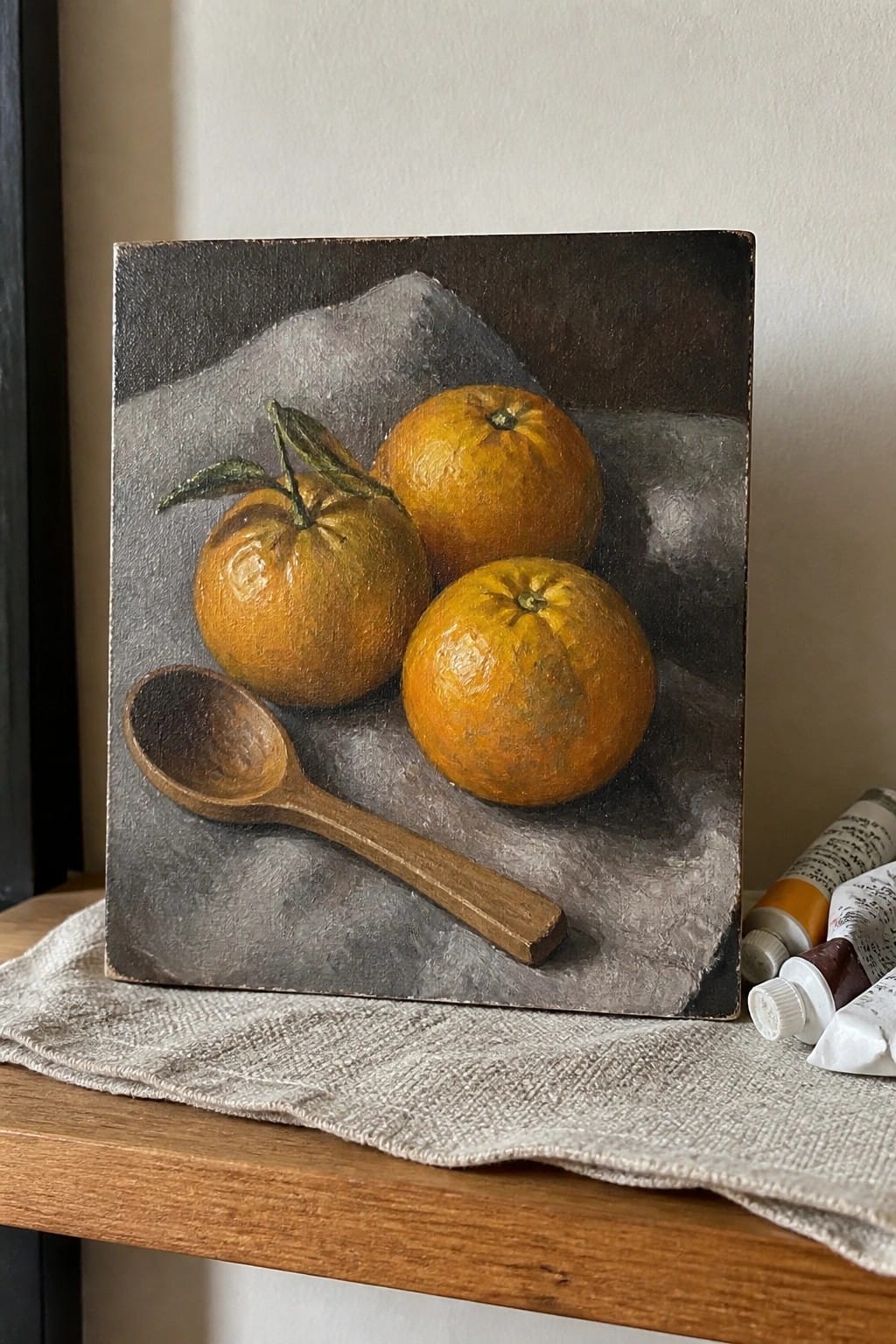 Oil painting of three oranges, wooden spoon on gray cloth beside paint tubes