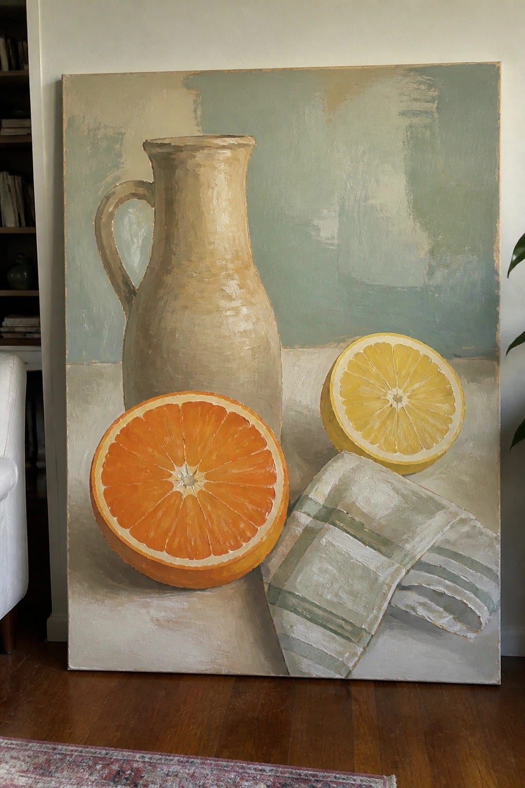 Still life with beige pitcher, halved orange, lemon, and green-striped cloth on muted backdrop.