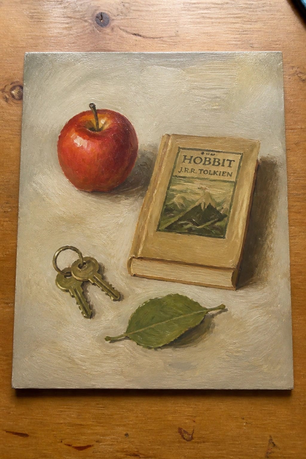 Realistic still life painting with red apple, The Hobbit book, keys, and green leaf.