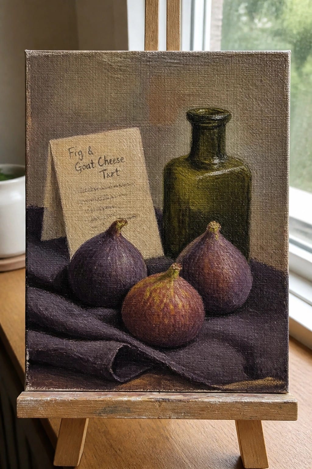 Still life painting of three figs, green bottle, and recipe card on purple cloth