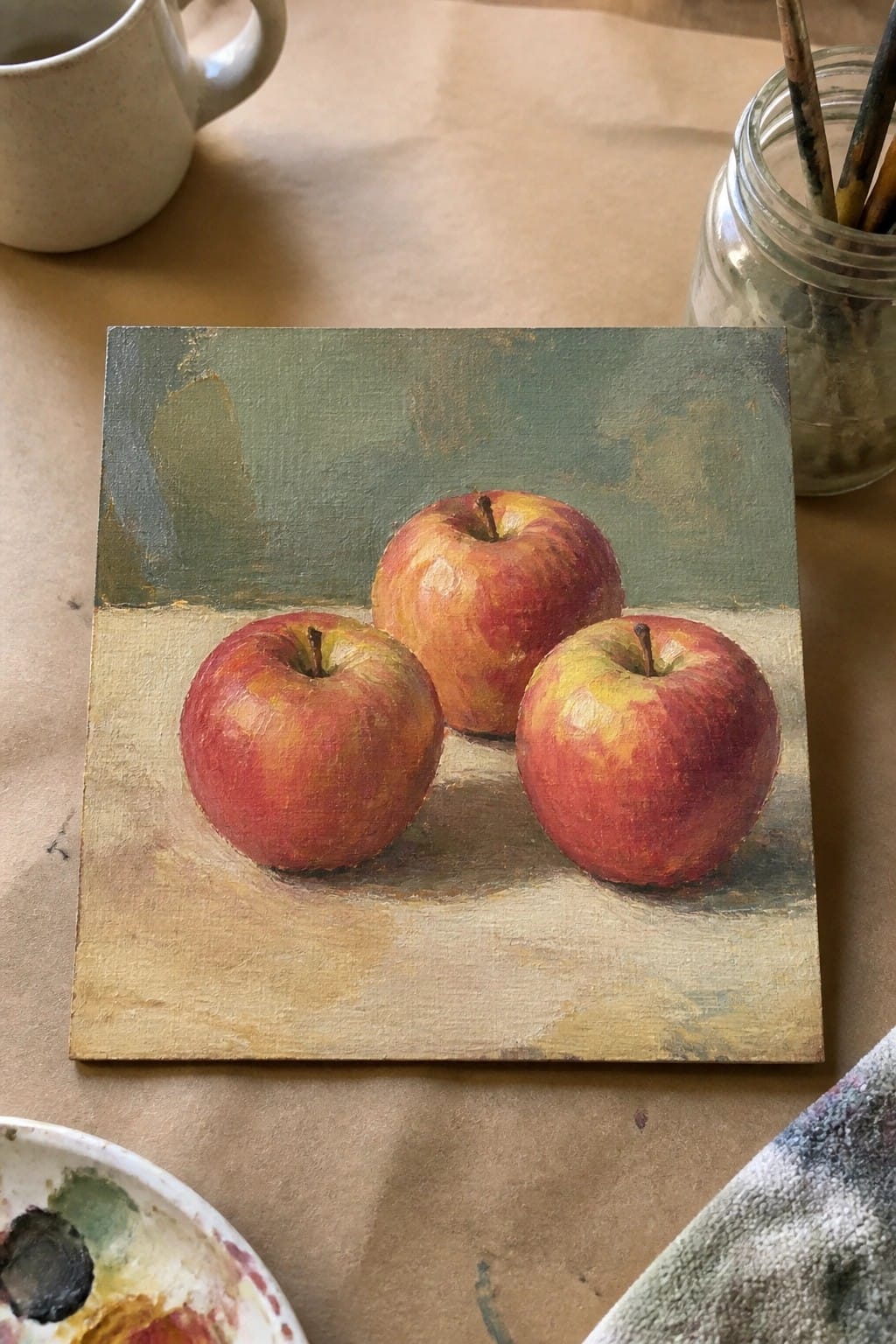 Realistic oil painting of three red apples with mug, brush jar, and palette nearby