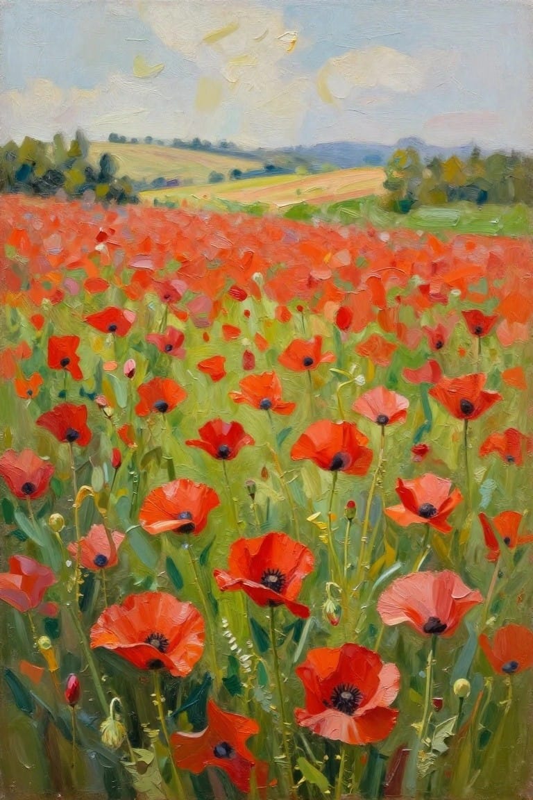 Vast field of vibrant red poppies under a cloudy blue sky in oil paint