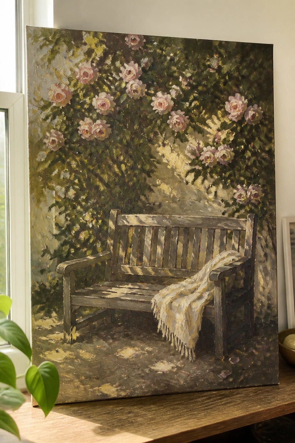 Oil painting of wooden bench with white cloth amid blooming pink roses.