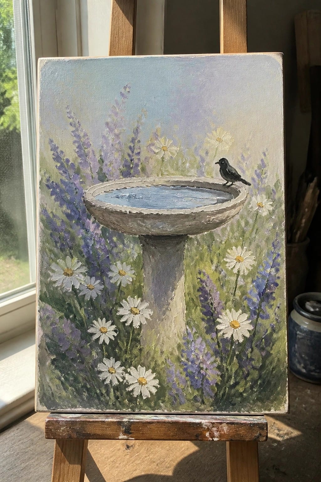 Painting on easel of birdbath with perched black bird amid white daisies and purple flowers