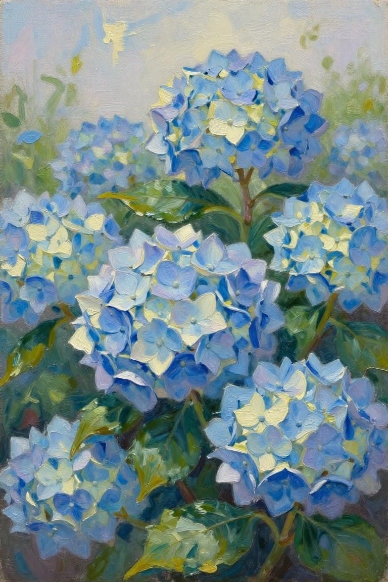 Vivid blue hydrangea clusters with green leaves in textured oil painting.