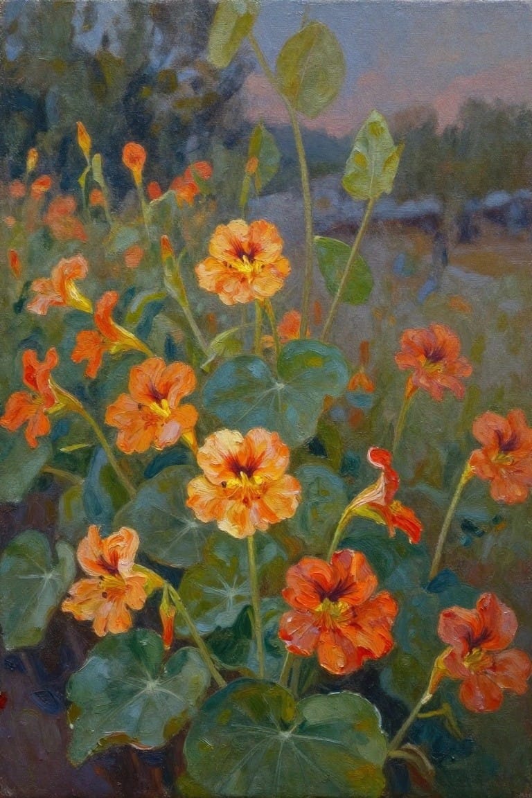 Vivid orange nasturtiums with round green leaves in a twilight garden painting.