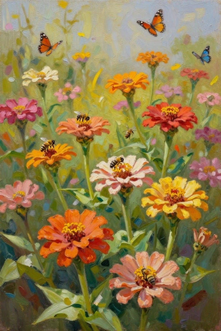Vibrant oil painting of colorful zinnias with bees and monarch butterflies in a garden