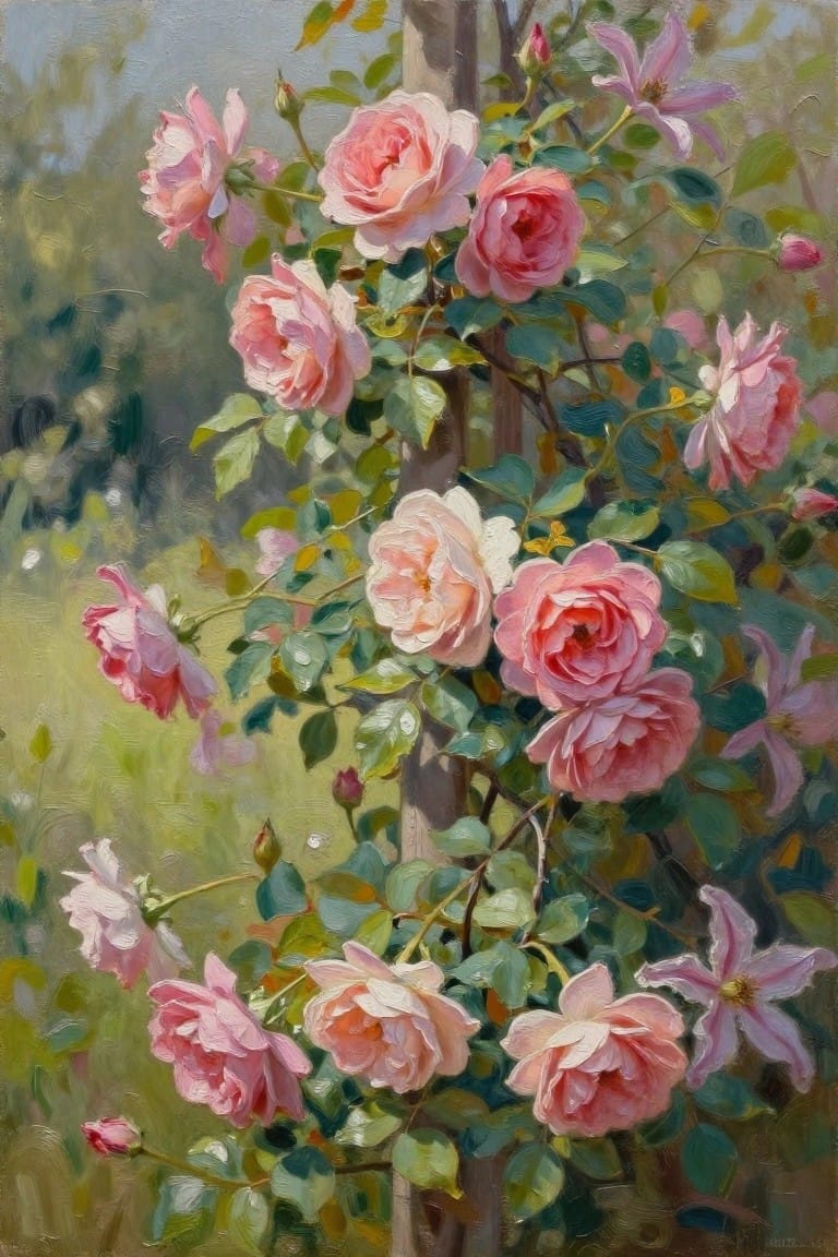 An oil painting of pink roses climbing around a wooden post with green leaves and scattered purple flowers against a blurred garden background.