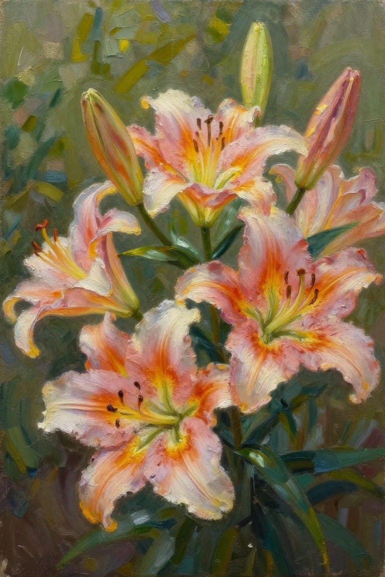 Vivid pink-orange lilies and green buds in textured oil painting style.